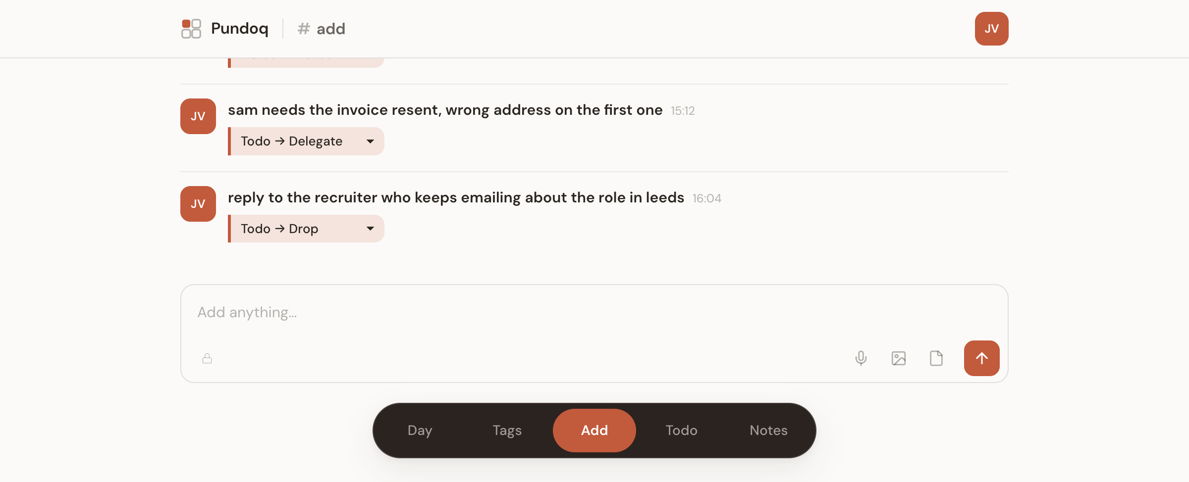 The Add feed: five captures, each with the destination Pundoq chose underneath it.