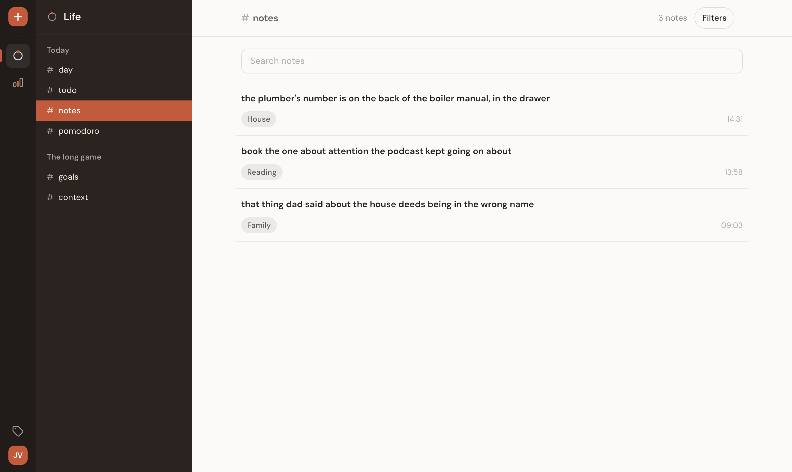 Notes: what was kept rather than done, filed under its own tags.