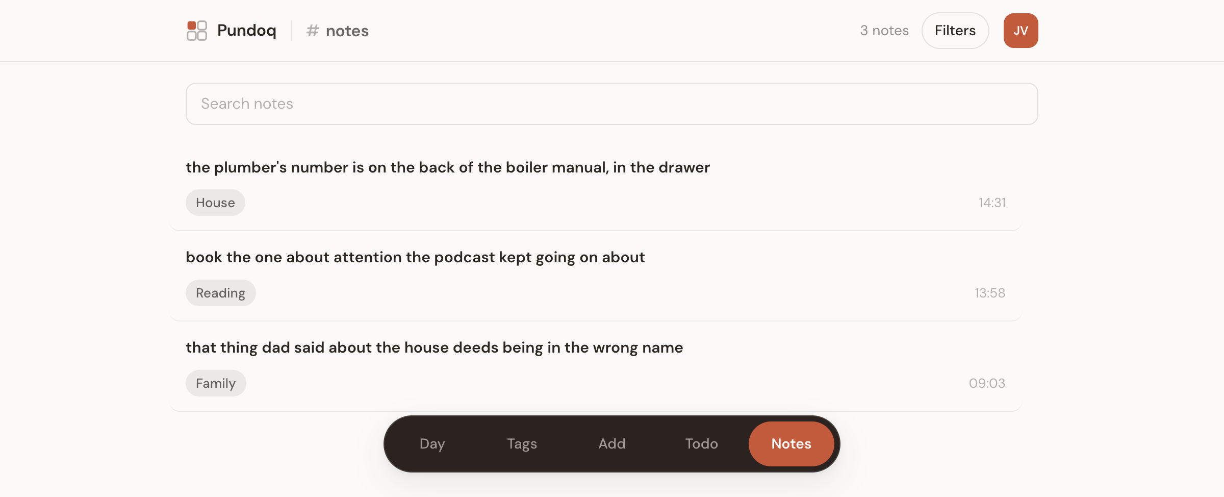 Notes: what was kept rather than done, filed under its own tags.