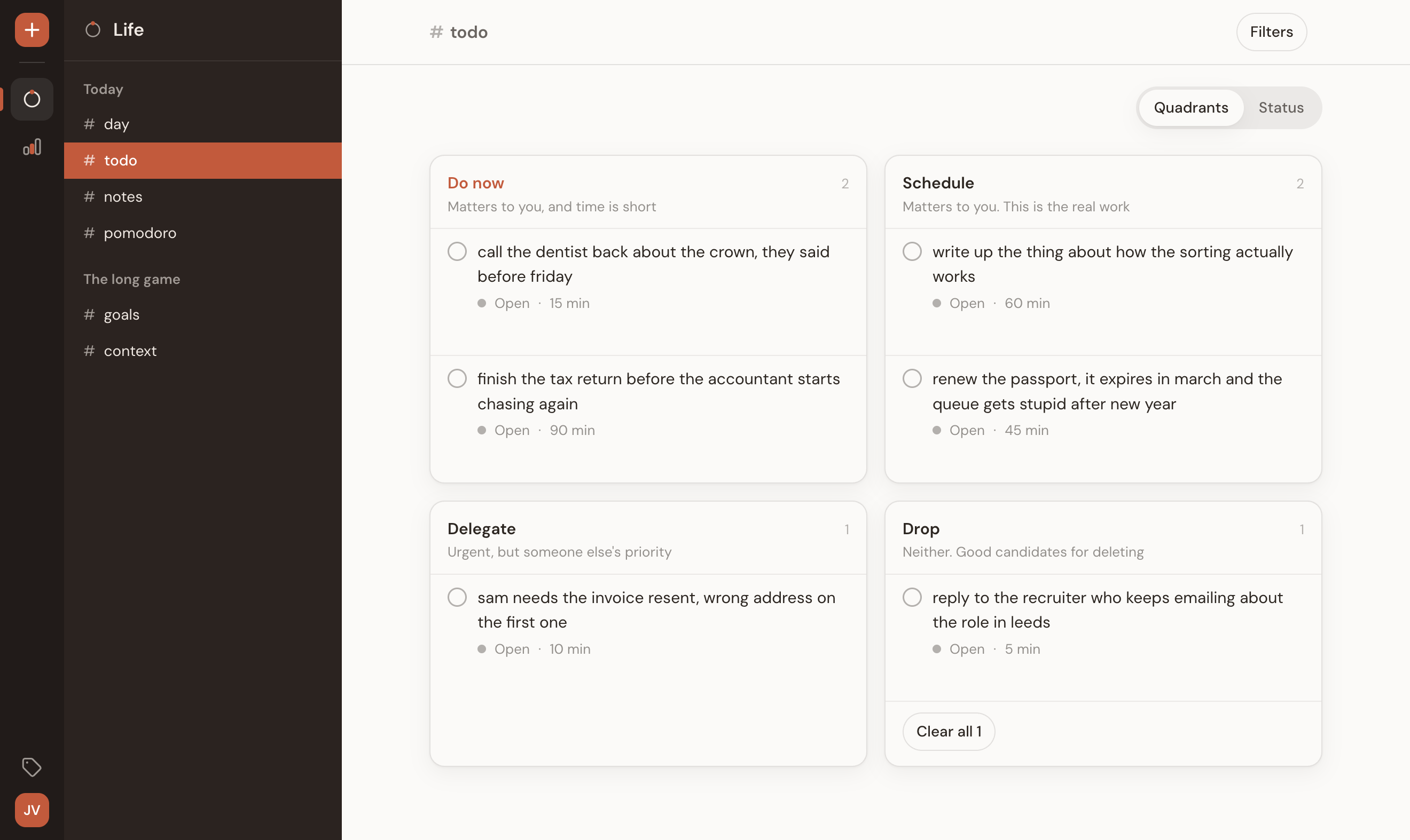 The board: the same tasks in the four quadrants, Do now through Drop.